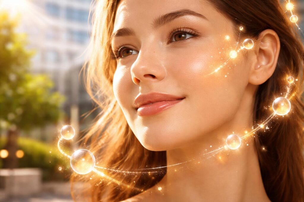 Napfény és D-vitamin hatását bemutató bőrünk egészségét és rugalmasságát ábrázoló kép