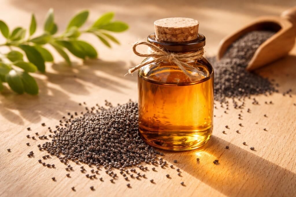 Hidegen sajtolt mákolaj üveg, mákszemek és természetes szépségápolási elemek környezetbarát készítmény