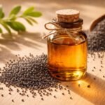 Hidegen sajtolt mákolaj üveg, mákszemek és természetes szépségápolási elemek környezetbarát készítmény