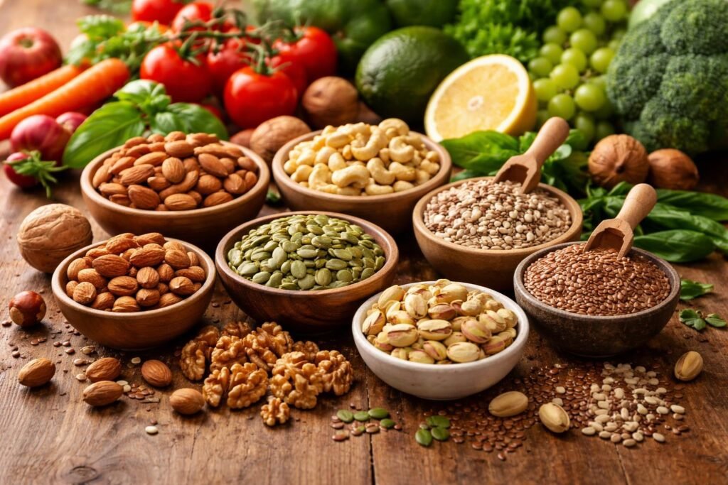 Az olajos magvak képe, friss gyümölcsökkel és egészséges életmóddal tálban.