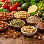 Az olajos magvak képe, friss gyümölcsökkel és egészséges életmóddal tálban.