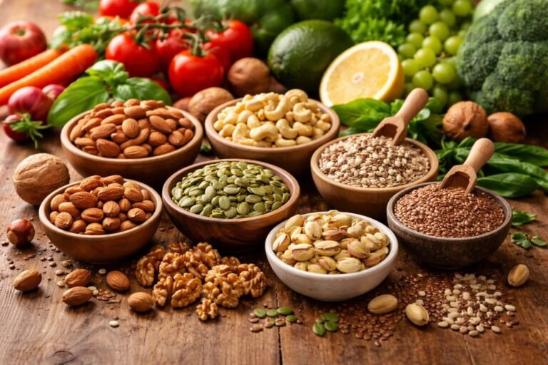 Az olajos magvak képe, friss gyümölcsökkel és egészséges életmóddal tálban.