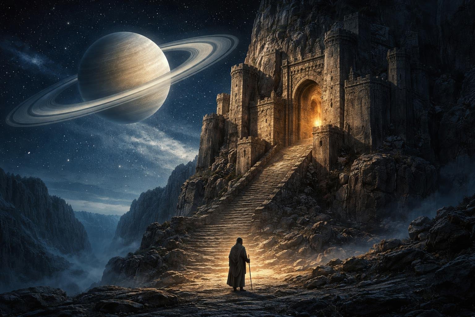 Az asztrológiai Szaturnusz belső építészeti erejét képszerűen ábrázoló jelenet, a határok és érettség szimbóluma.