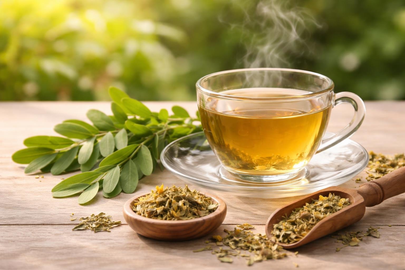 Friss herbákkal készített szenna tea vizuálisan az emésztés támogatására és tisztán megjelenítve.