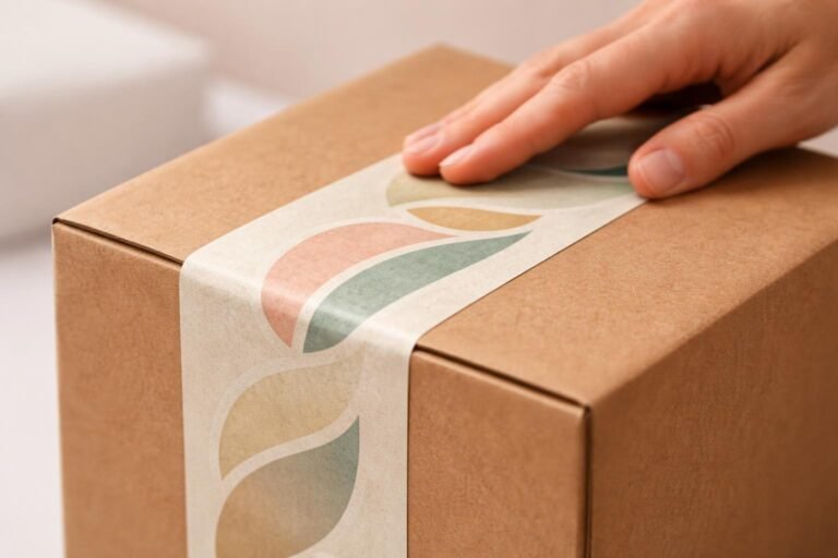 Logozott ragasztószalag egy doboz tetején, professzionális márkaérzetet sugározva a vásárlónak