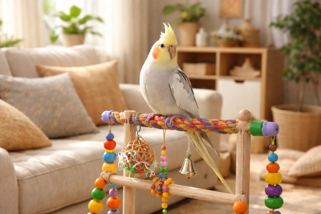 Okos és barátságos kis papagáj a kalitkában, családtagokra figyelve közelről