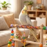 Okos és barátságos kis papagáj a kalitkában, családtagokra figyelve közelről