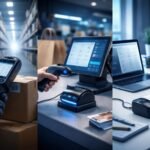 Raktárban mozgó dolgozó vonalkódolvasót kezel, és összeveti a különböző típusokat.