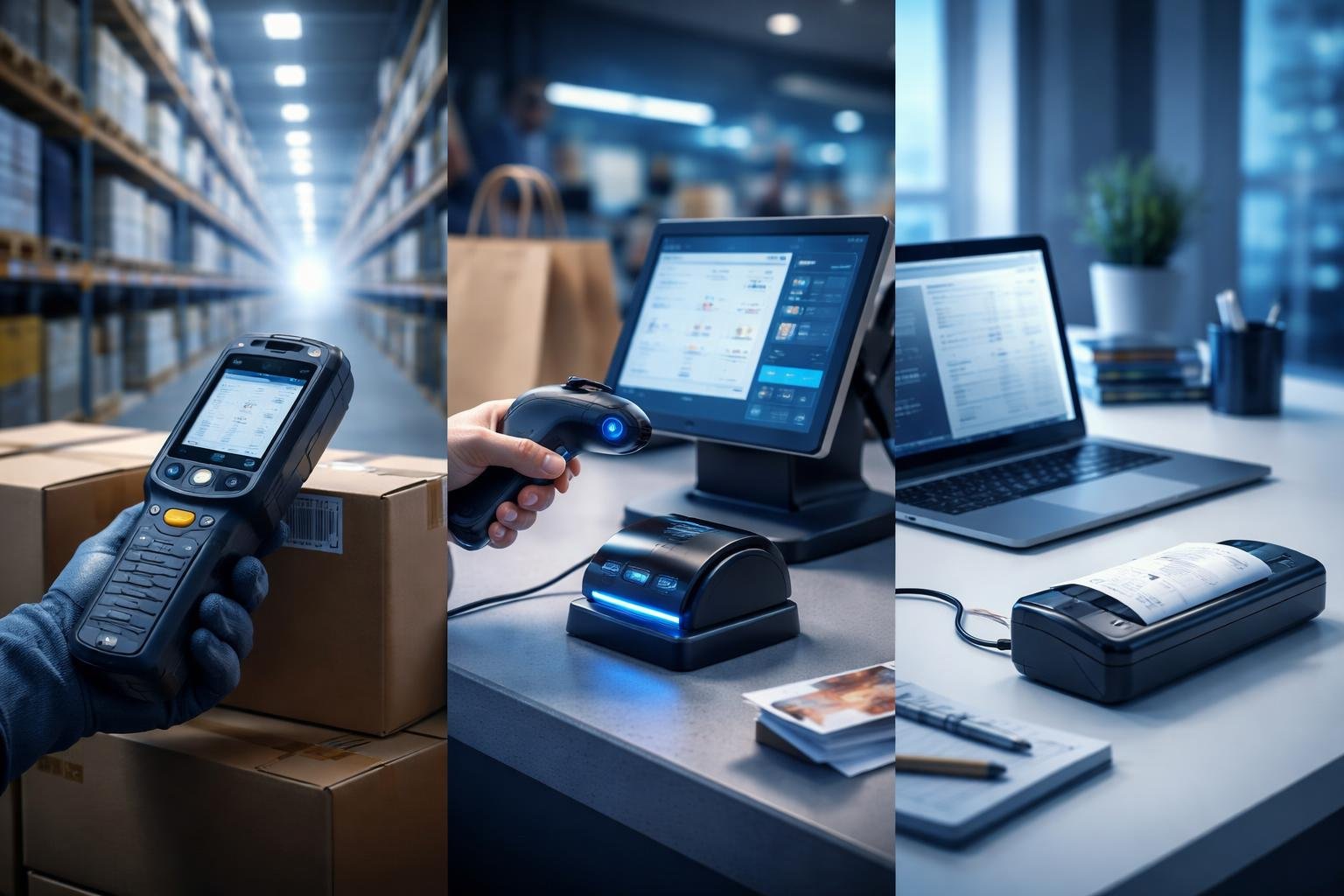 Raktárban mozgó dolgozó vonalkódolvasót kezel, és összeveti a különböző típusokat.