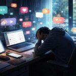 Képernyők között görnyedt ember ül a nappaliban, digitális túlterheltség jeleit vizsgálva.
