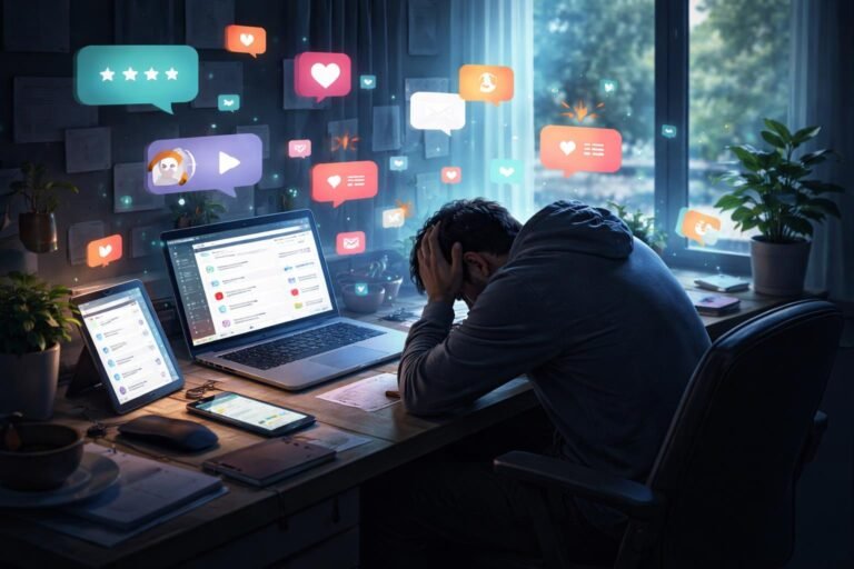 Képernyők között görnyedt ember ül a nappaliban, digitális túlterheltség jeleit vizsgálva.